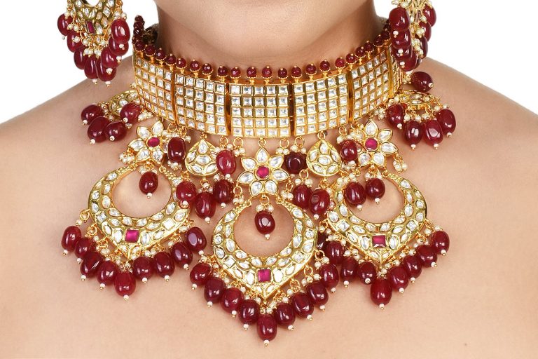 Statement Kundan Bridal Choker Red Necklace Set - Rentjewels