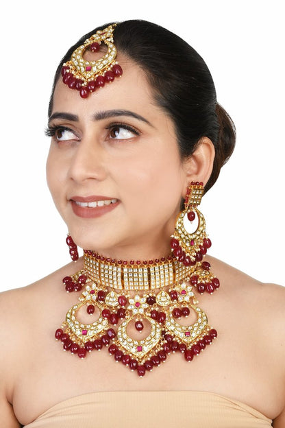 Statement Kundan Bridal Choker Red Necklace Set - Rentjewels