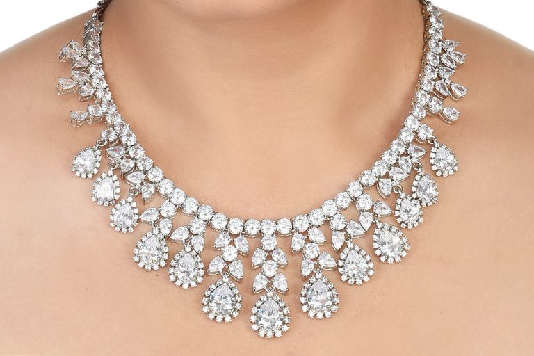 CZ White Diamond Silver Necklace Set