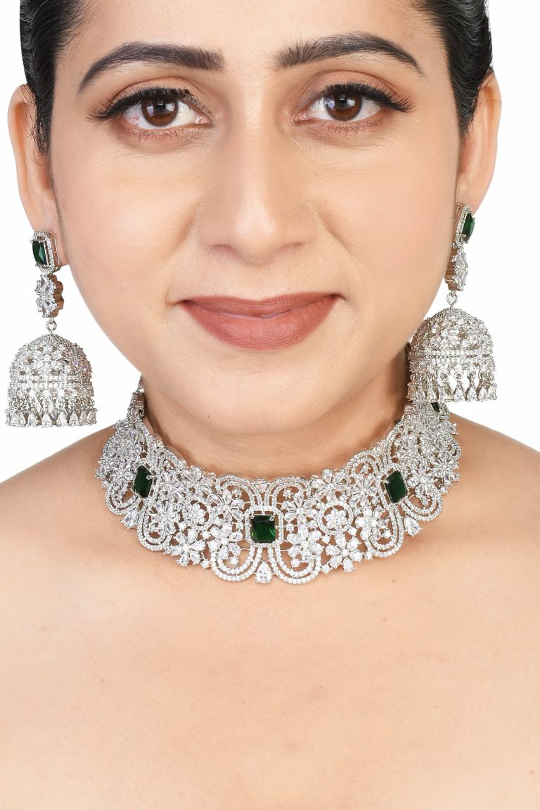 Swarovski Green CZ White Diamond Silver Choker Necklace Set
