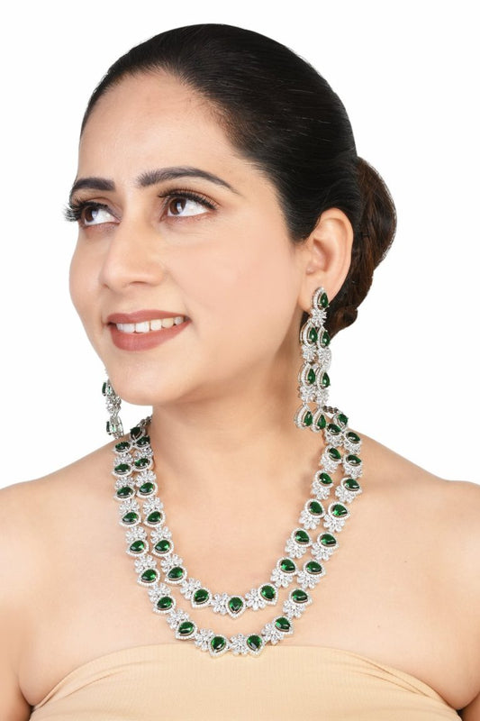 Swarovski Green CZ Diamond Silver Long Layered Necklace Set
