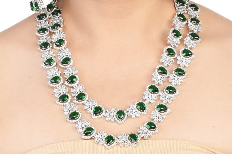 Swarovski Green CZ Diamond Silver Long Layered Necklace Set
