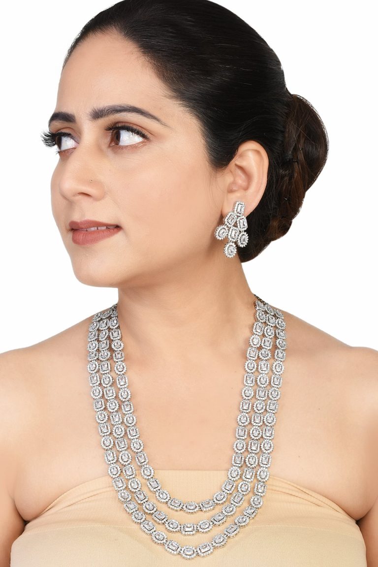 CZ White Diamond Silver Long Layered Necklace Set - Rentjewels