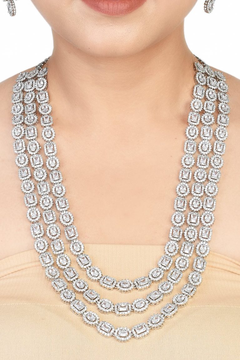 CZ White Diamond Silver Long Layered Necklace Set - Rentjewels