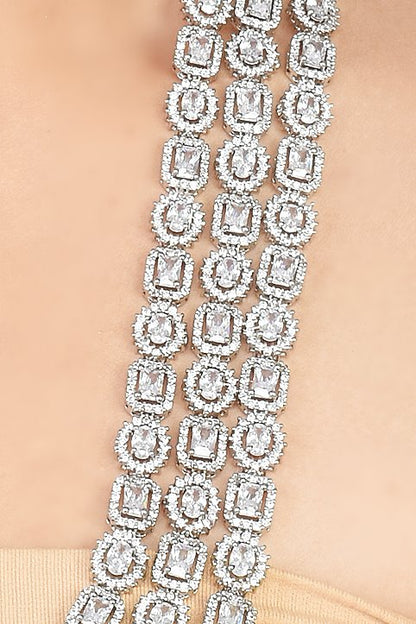 CZ White Diamond Silver Long Layered Necklace Set