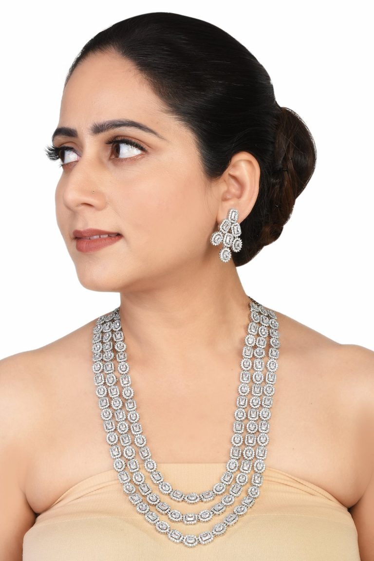 CZ White Diamond Silver Long Layered Necklace Set - Rentjewels