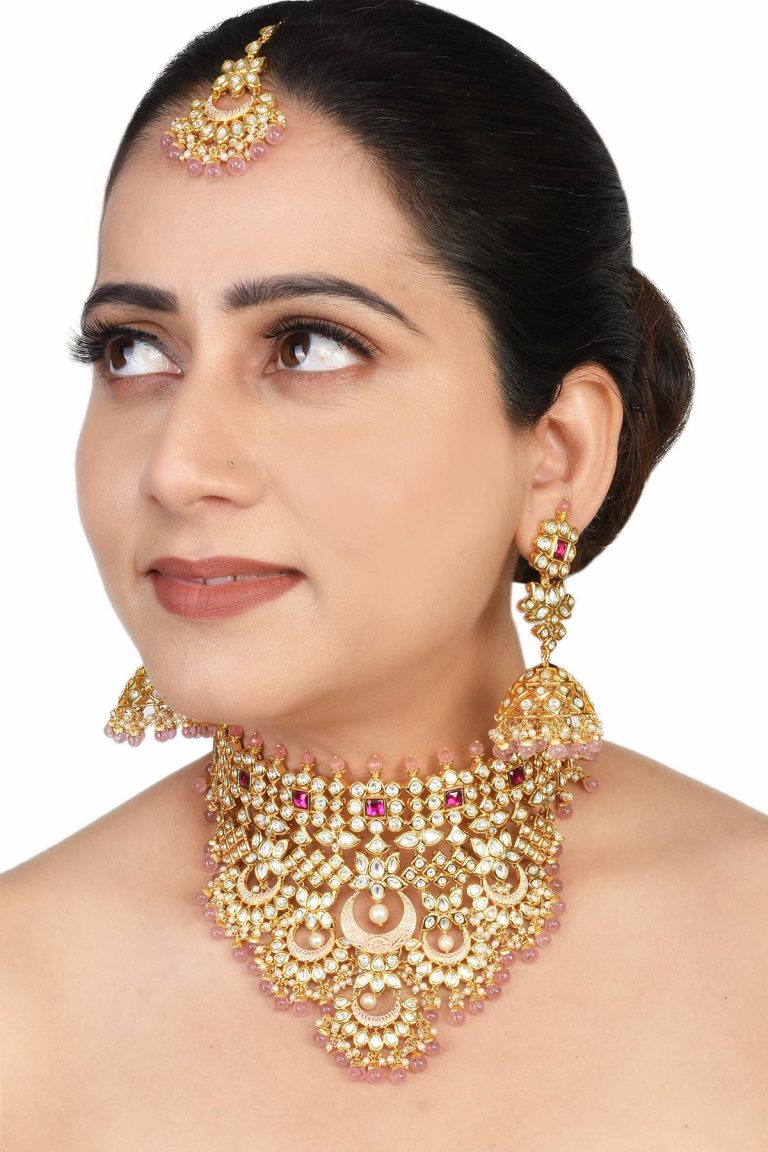 Pink Meena Kundan Choker Bridal Necklace Tika Set - Rentjewels