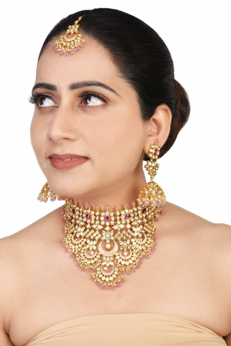 Pink Meena Kundan Choker Bridal Necklace Tika Set - Rentjewels