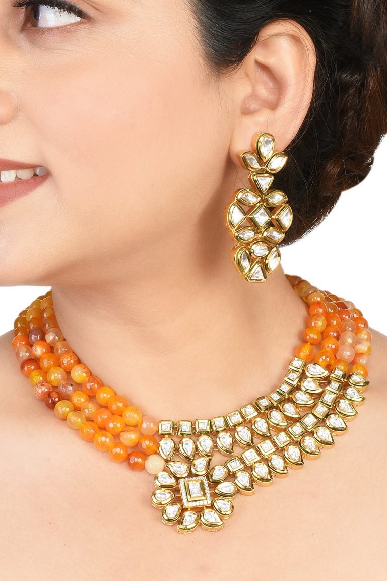 Half-n-Half Orange Carnelian Kundan Choker Necklace Set