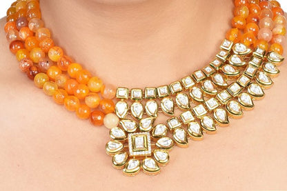 Half-n-Half Orange Carnelian Kundan Choker Necklace Set - Rentjewels