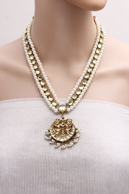 Layered Pearls Kundan Pendant Long Necklace