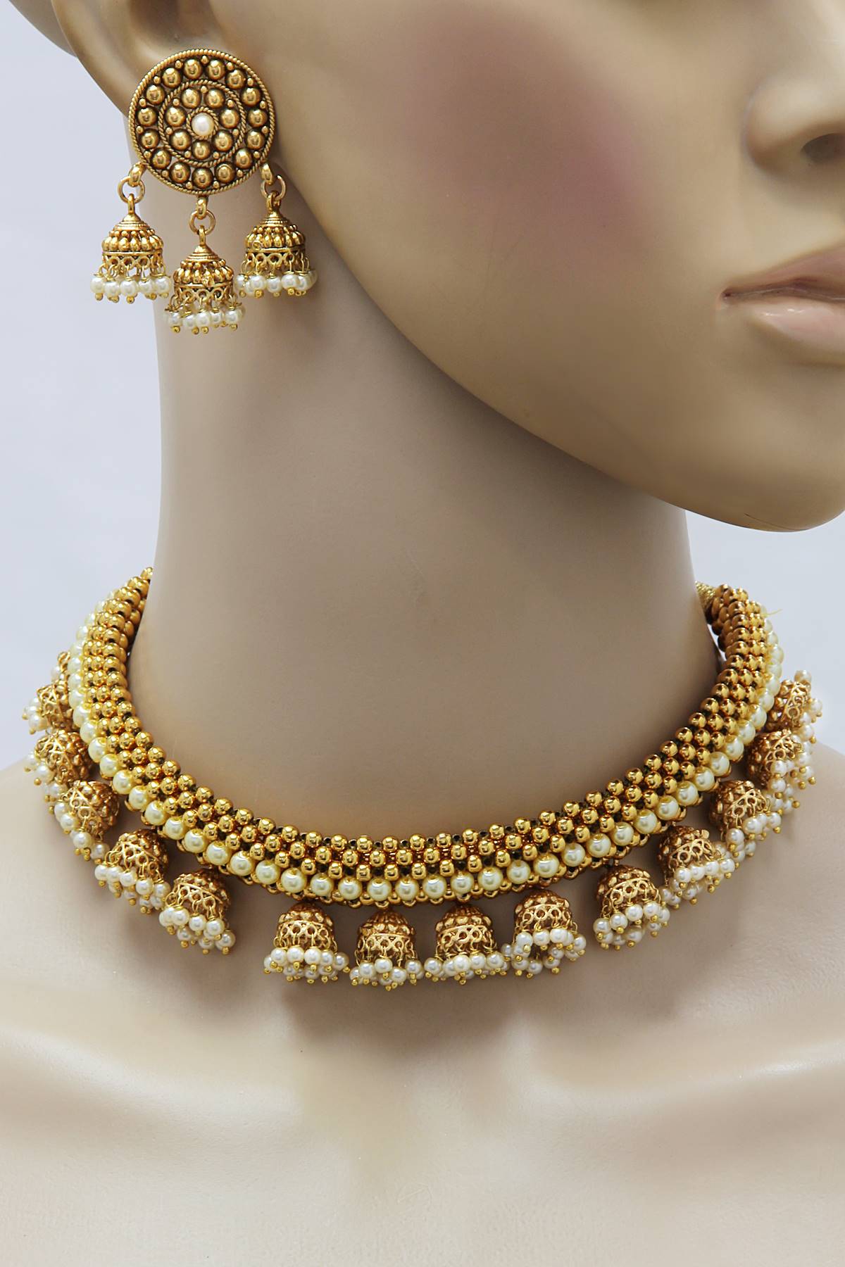 Gold Plated Jhumka Choker Band Necklace Set - Rent Jewels