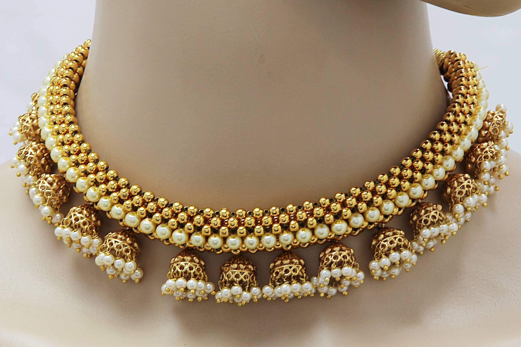 Gold Plated Jhumka Choker Band Necklace Set - Rent Jewels