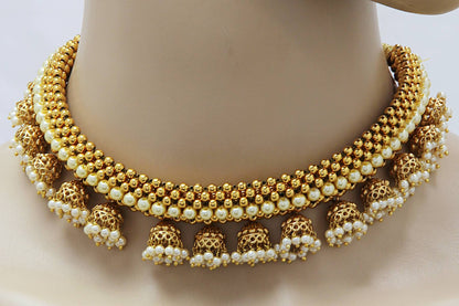 Gold Plated Jhumka Choker Band Necklace Set - Rent Jewels