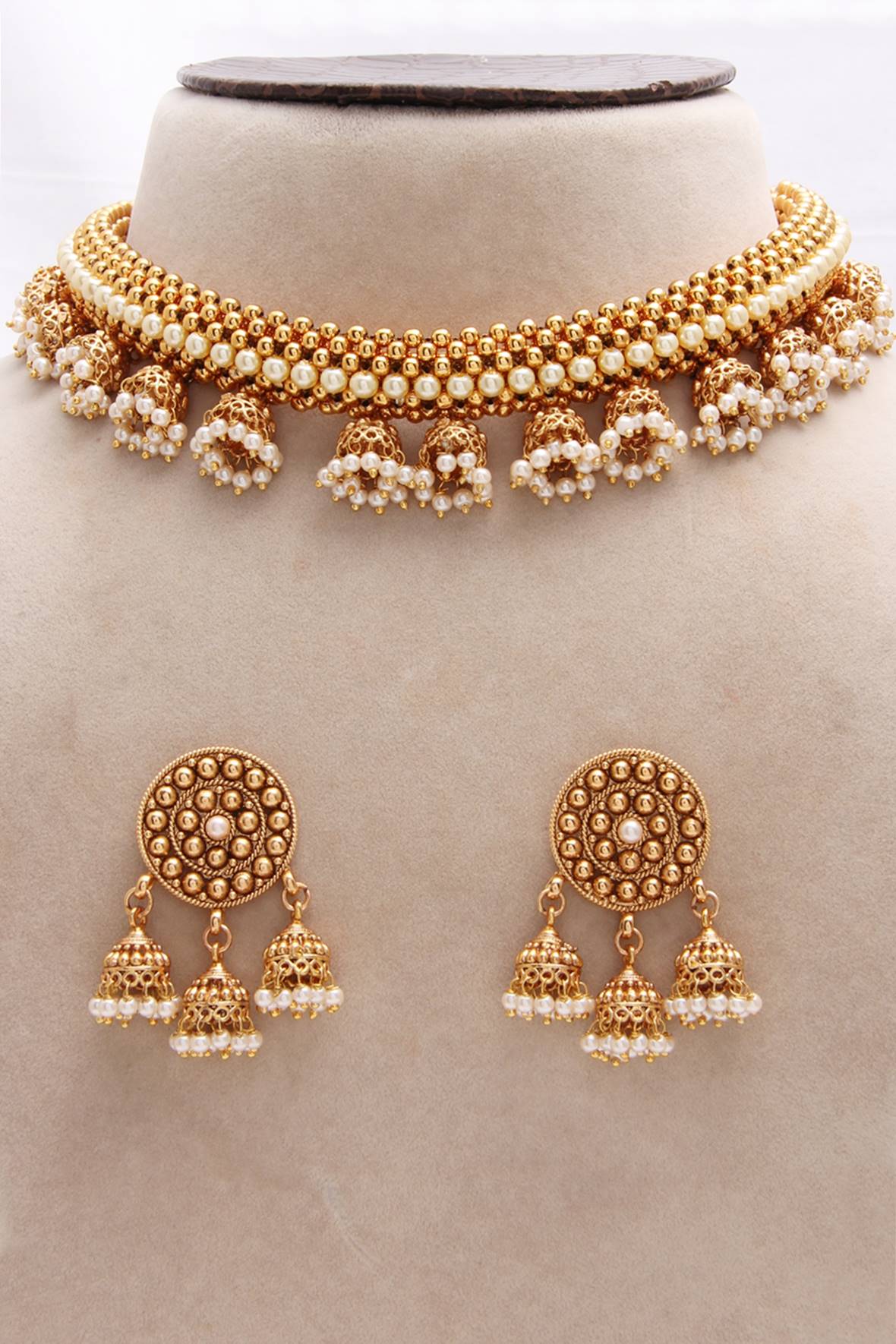 Gold Plated Jhumka Choker Band Necklace Set - Rent Jewels