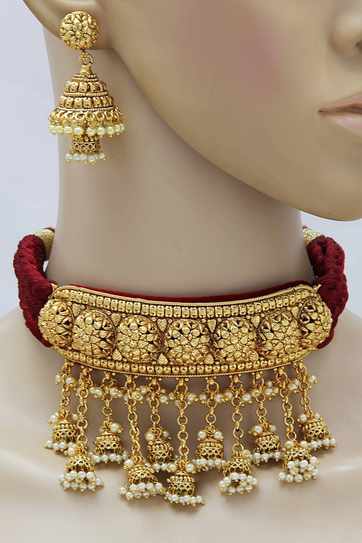 Gold Plated Red Band Choker Necklace Set - Rent Jewels