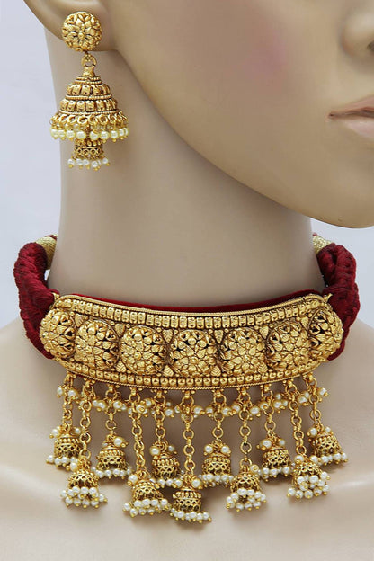 Gold Plated Red Band Choker Necklace Set