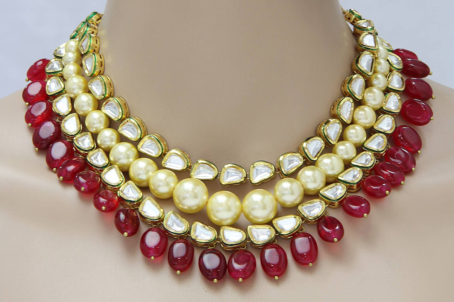 Layered Uncut Kundan Pearls Ruby Red Necklace