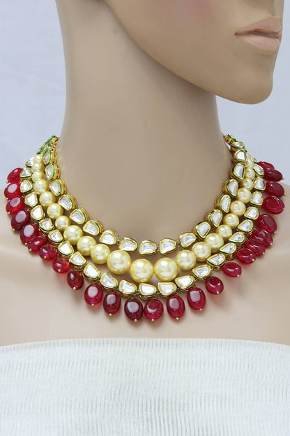 Layered Uncut Kundan Pearls Ruby Red Necklace