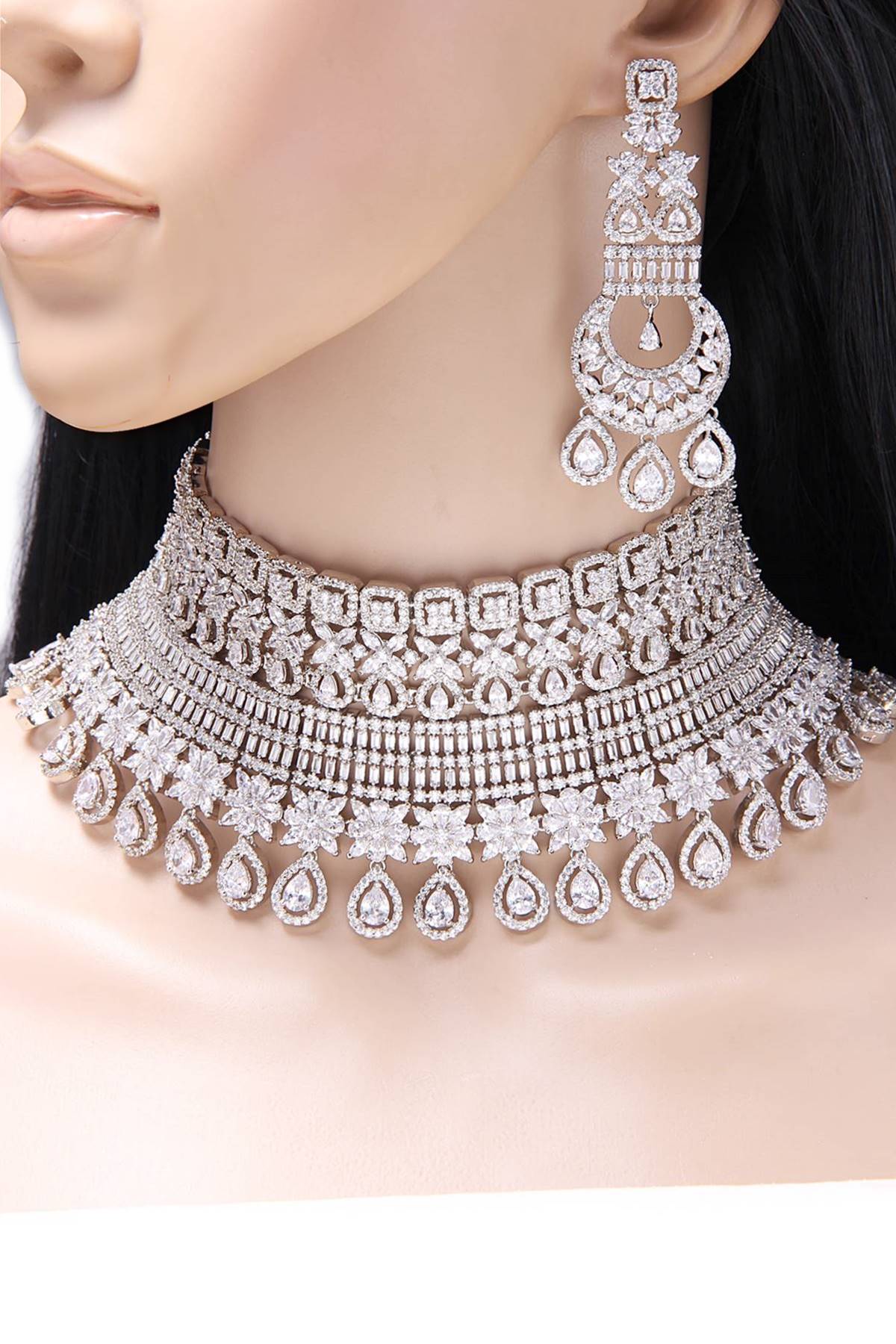 Signity Diamonds Silver Choker Bridal Necklace Set - Rent Jewels