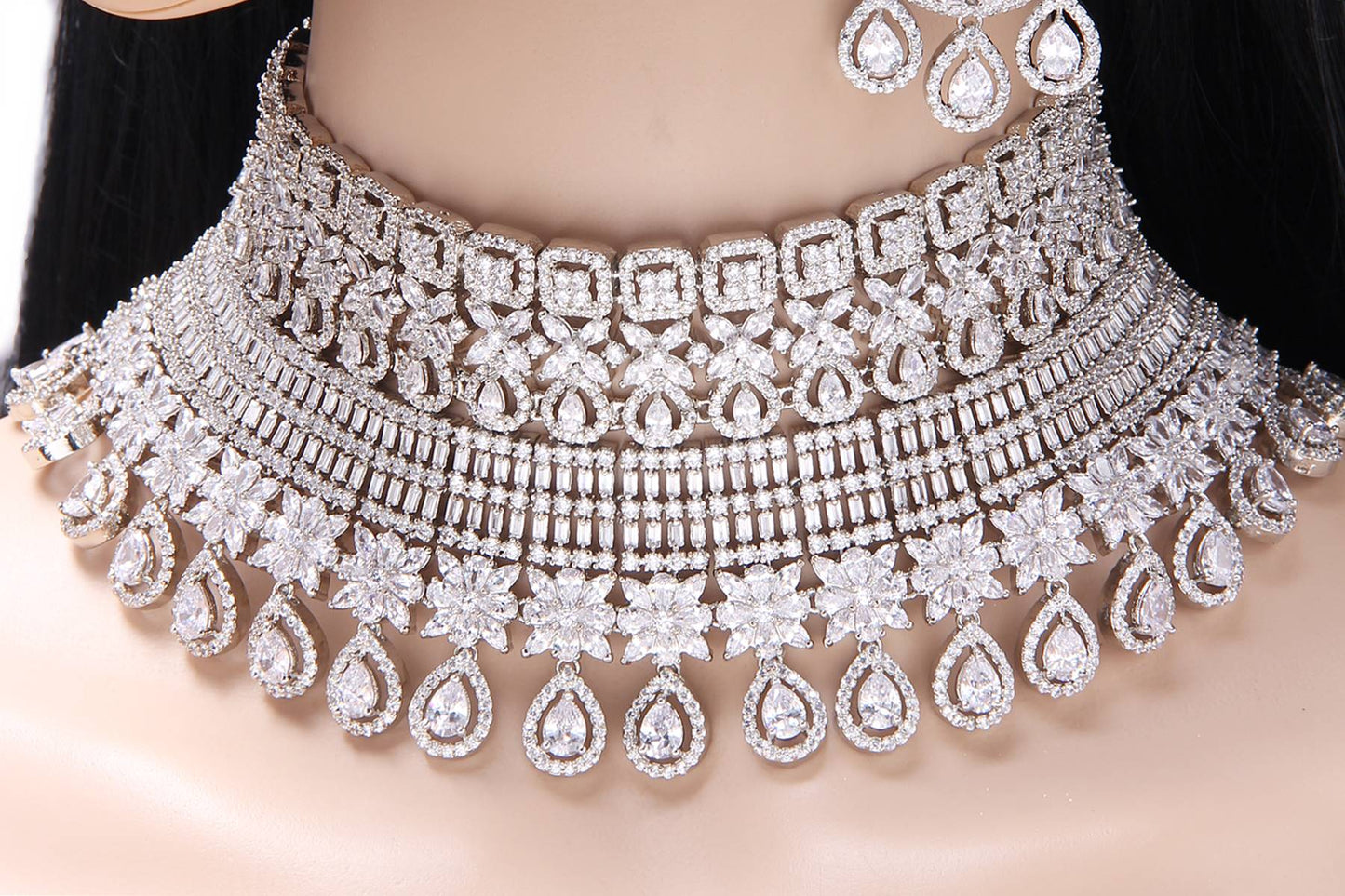 Signity Diamonds Silver Choker Bridal Necklace Set - Rent Jewels