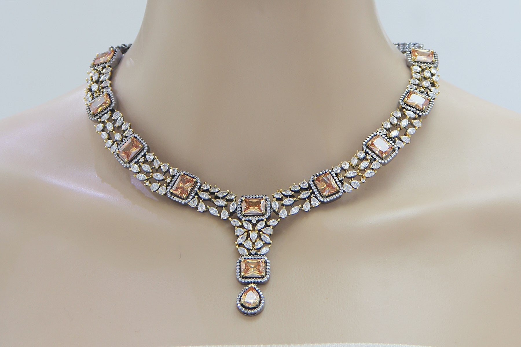 CZ Diamonds Champagne Swarovski Silver Necklace Set - Rent Jewels