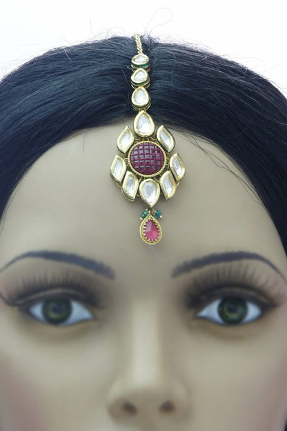 Polki Kundan Maang Tika with Red Gemstones - Rent Jewels