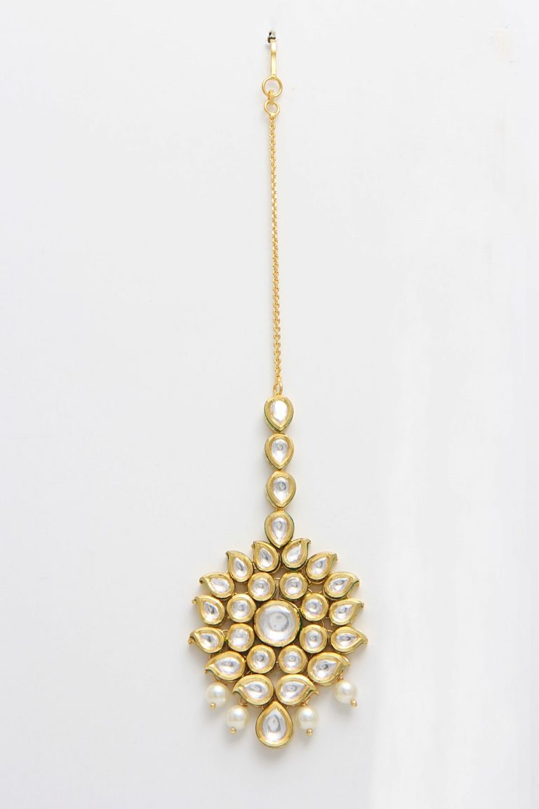 Elaborate Polki Kundan Pearl Drop Maang Tika - Rent Jewels